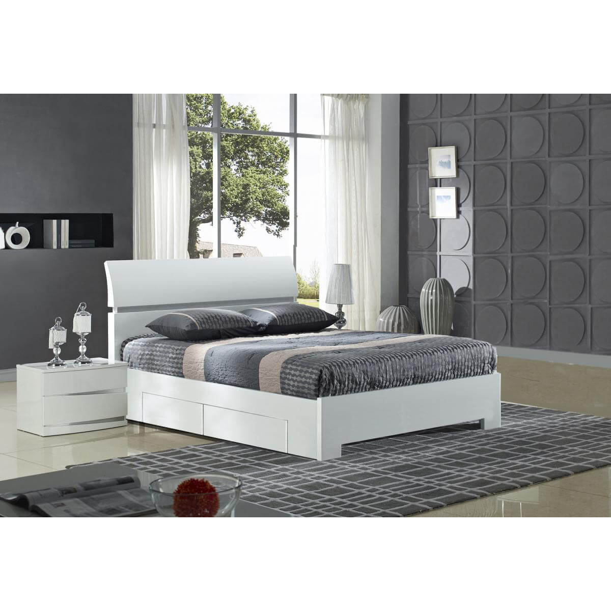Widney White High Gloss Bed with 4 Drawers