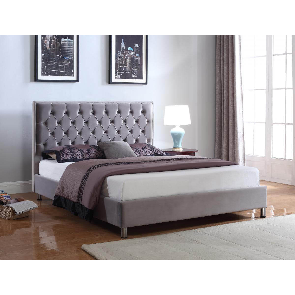 Izabel Velvet Bed Light Grey with Dark Grey HB