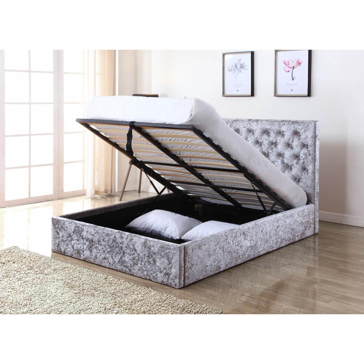 Yasmin Storage Crushed Velvet Bed Silver