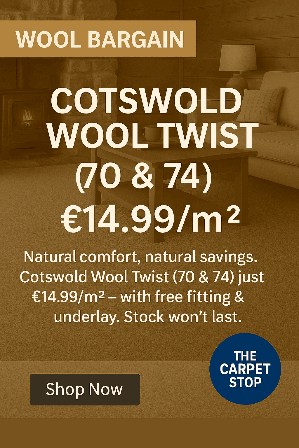 Cotswold Wool Twist carpet in a rustic living space with stove