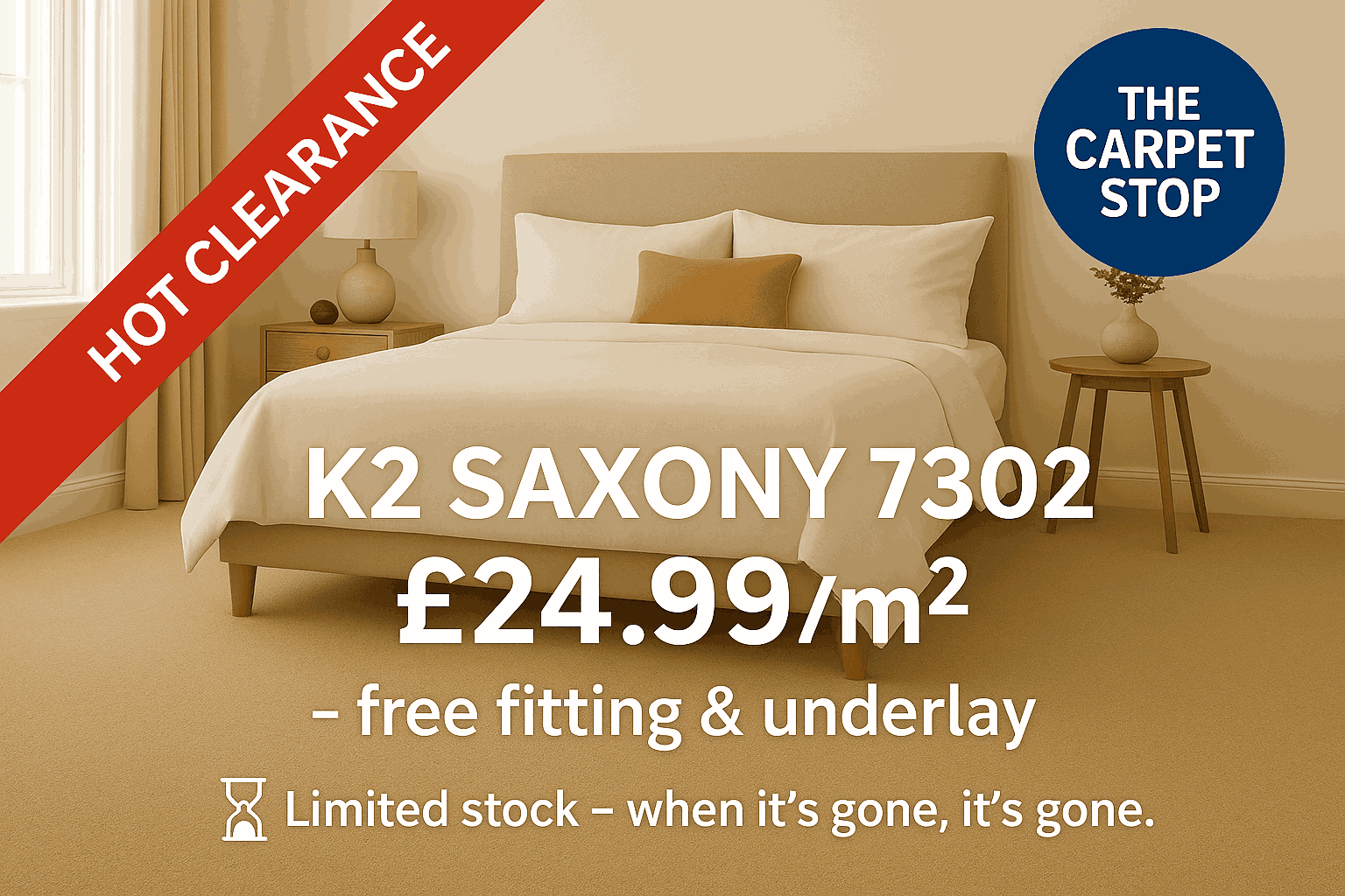 K2 Saxony 7302 beige deep-pile carpet styled in a cosy bedroom